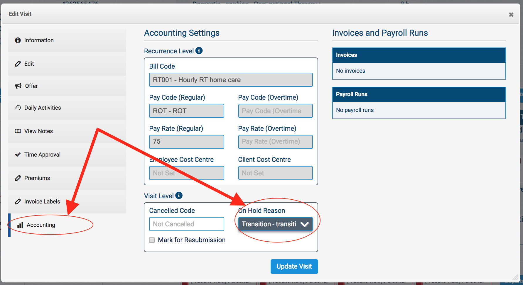 Comment mettre une visite En suspens ou retirer l’état En suspens